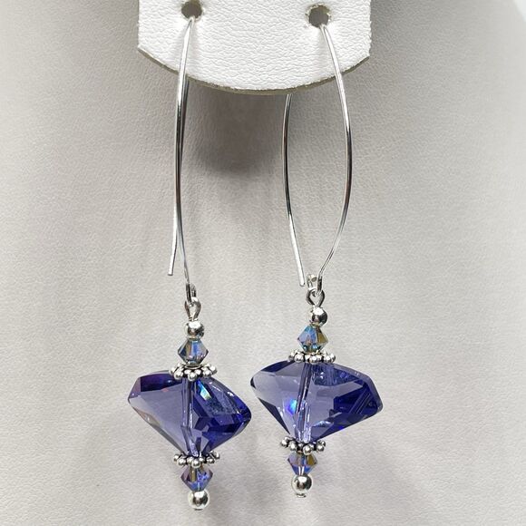 Swarovski Crystal 925 Sterling Artisan Made With Purple AB Beaded Earrings - Picture 2 of 6